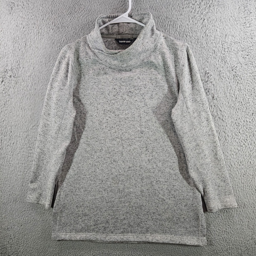 Lands End Womens Gray Herringbone Funnel Neck Tunic Top Long Sleeve S 6-8